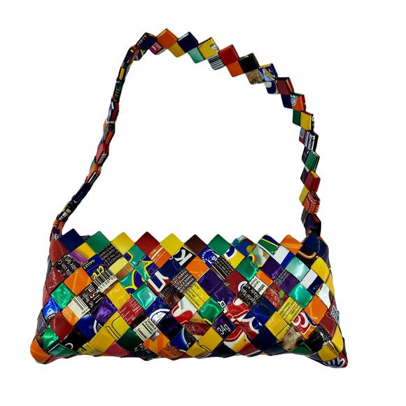 Candy Wrapper Recycled Purse Bright Color Zig Zag Strap Zip Close Baguette Y2K - Picture 1 of 5